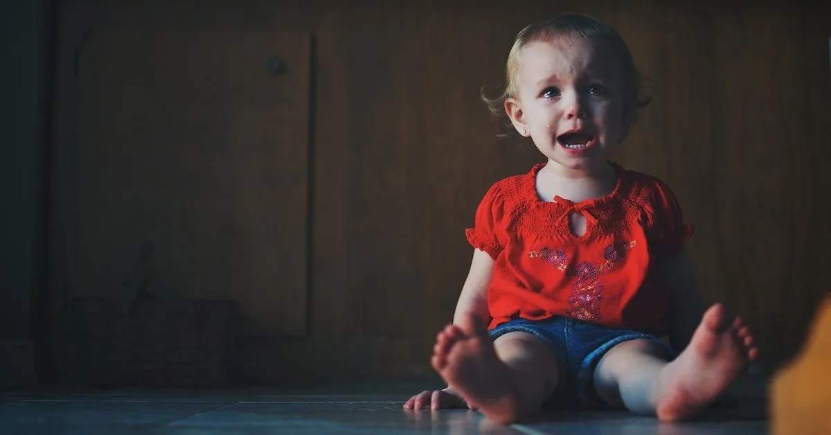 Fotografía de niña pequeña llorando sentada en el suelo
